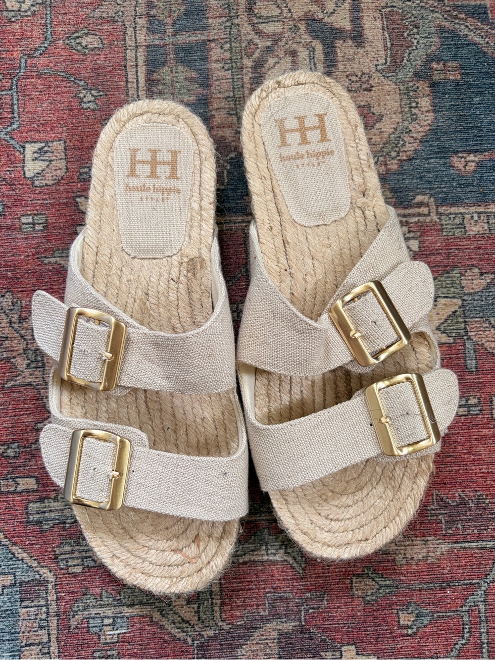 NWOT Haute Hippie Beige Buckle Espadrille Slide Sandals
